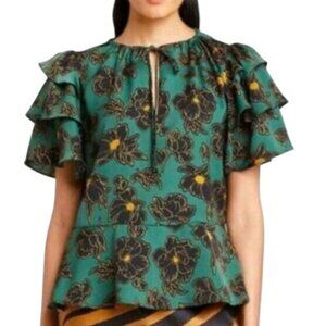 Who What Wear Green Floral Ruffle Sleeve Peplum Blouse
